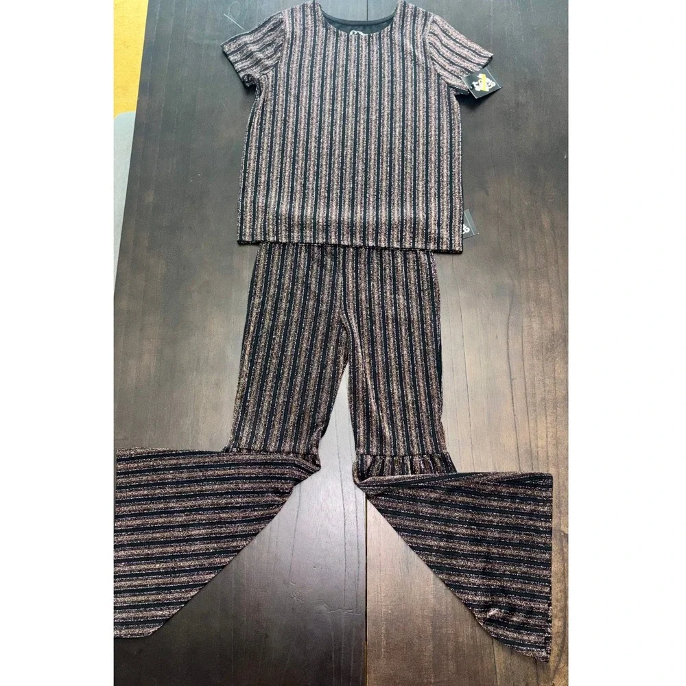 Kids Art Class 2 Piece Set Metallic Striped Bell Bottom Pants Top Sparkly L/XL